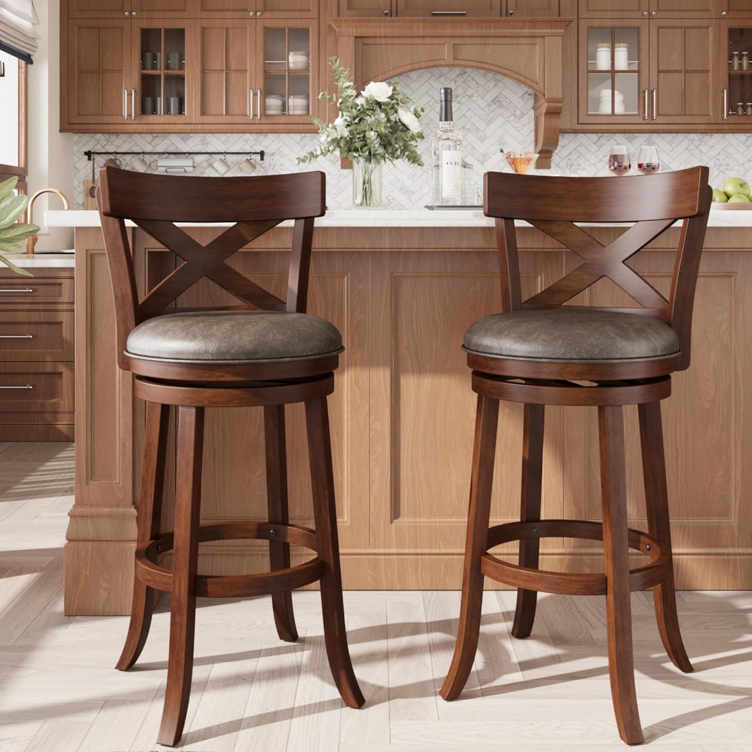 ALPHA HOME Swivel Bar Stools with Backs, 30 Inch Bar Stools Set of 2, Wooden Bar Stools, 360 Degrees Swivel Chairs with Upholstered, Wrap-Around Footrest for Pub, Kitchen, Dark Cherry/Fondant