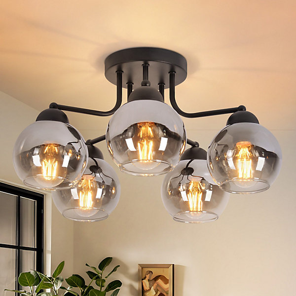 NETTLIFE Plafonnier 5 flammes E27 boule en verre vintage lampe de couloir installation facile, sans ampoule, noir