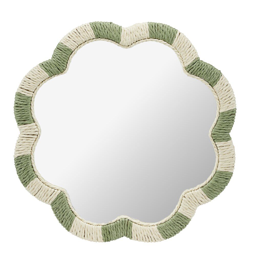 Miroir mural bord ondulé corde tressée beige et vert Ø39,5cm