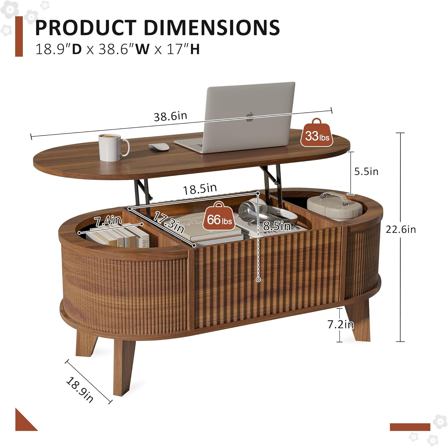 LYNCOHOME Fluted Lift Top Coffee Table with Storage,Modern Oval Coffee Table for Living Room or Home Office（Walnut）