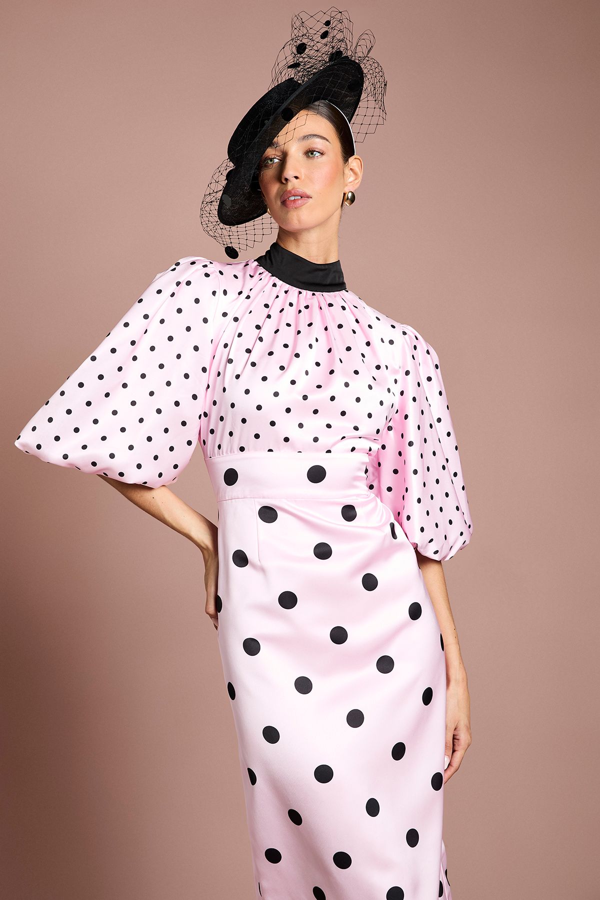 Coast Lisa Tan Puff Sleeve High Neck Spot Satin Midi Dress