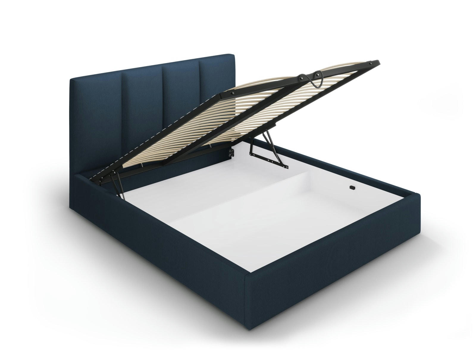 PYLA - Lit coffre avec tête de lit 140x200 cm en tissu structuré bleu foncé