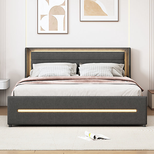 Lit Double 160x200 cm - Lit avec éclairage LED Changeant et Rangement Intégré, 4 Tiroirs, Sans Matelas - Lin Gris