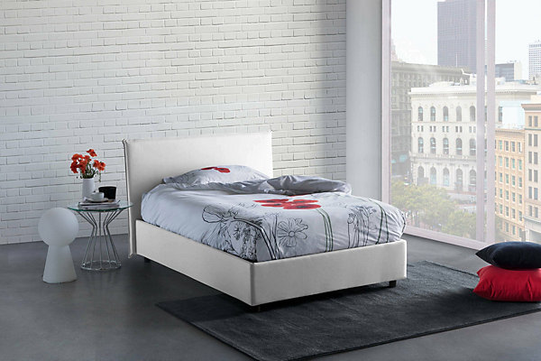 Lit double Daceva, lit coffre avec revêtement en tissu, ouverture frontale, adapté pour matelas 120x200 cm, Blanc