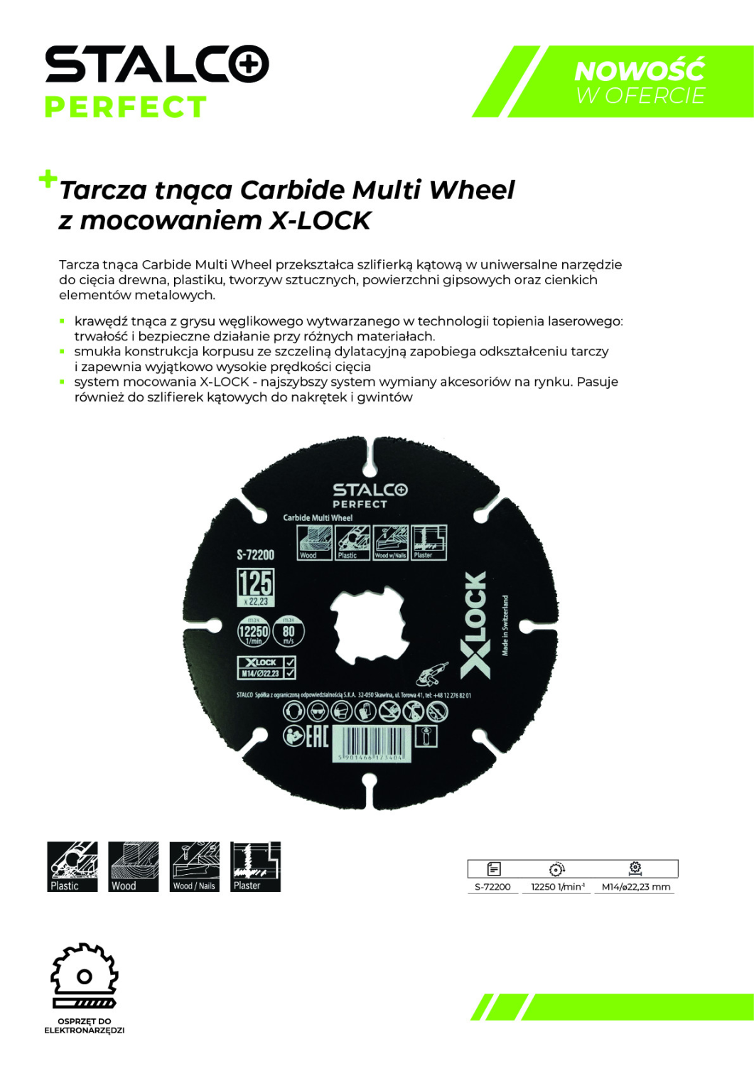 Tarcza do cięcia z węglików spiekanych X-LOCK 12250 1/min-1 , M14/ø22,23 mm STALCO PERFECT S-72200