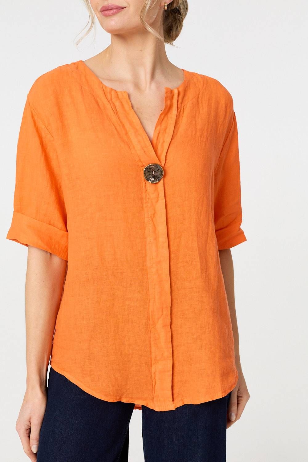 Izabel London Button Detail 1/2 Sleeve V-Neck Blouse