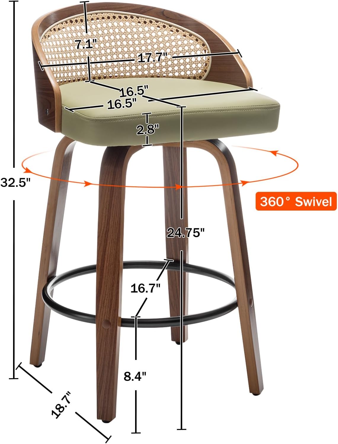26 Swivel Rattan Bar Stools Set of 2,Mid-Century Modern Green Faux Leather Upholstered Counter Height Stools,Kitchen Island Barstools with Rattan Low Backrest,Walnut Wood Finish Bar Chairs