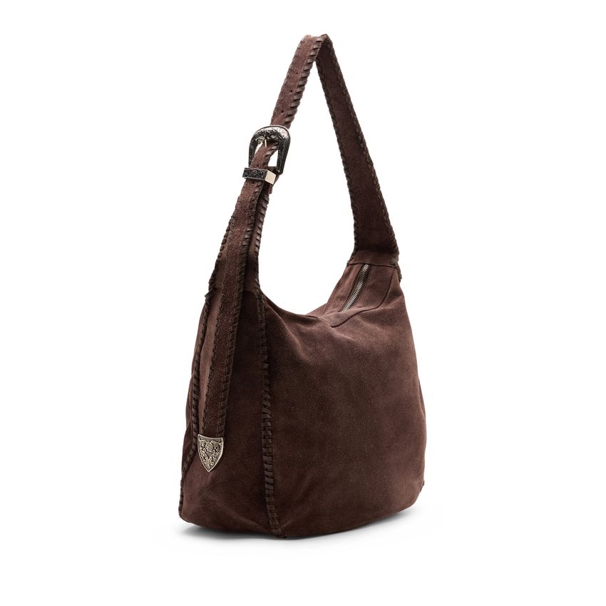 Manfield Donkerbruine suède schoudertas met gevlochten details