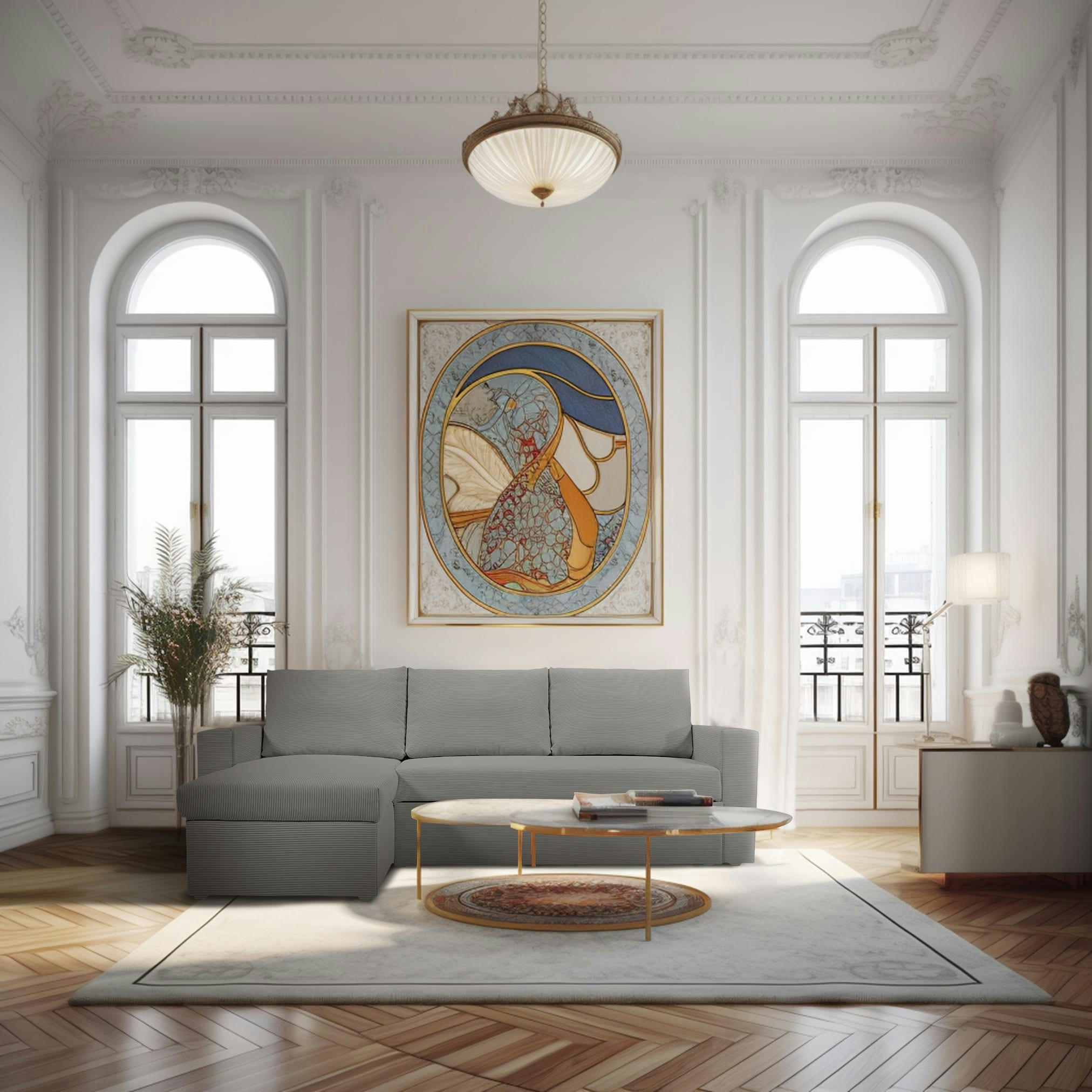 ALEDO - Canapé d'angle convertible 4 places en velours côtelé gris clair