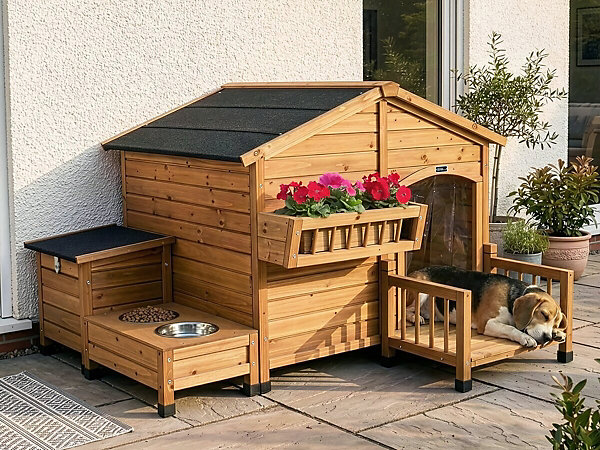 Niche pour chien en bois avec mangeoire et boite de rangement 