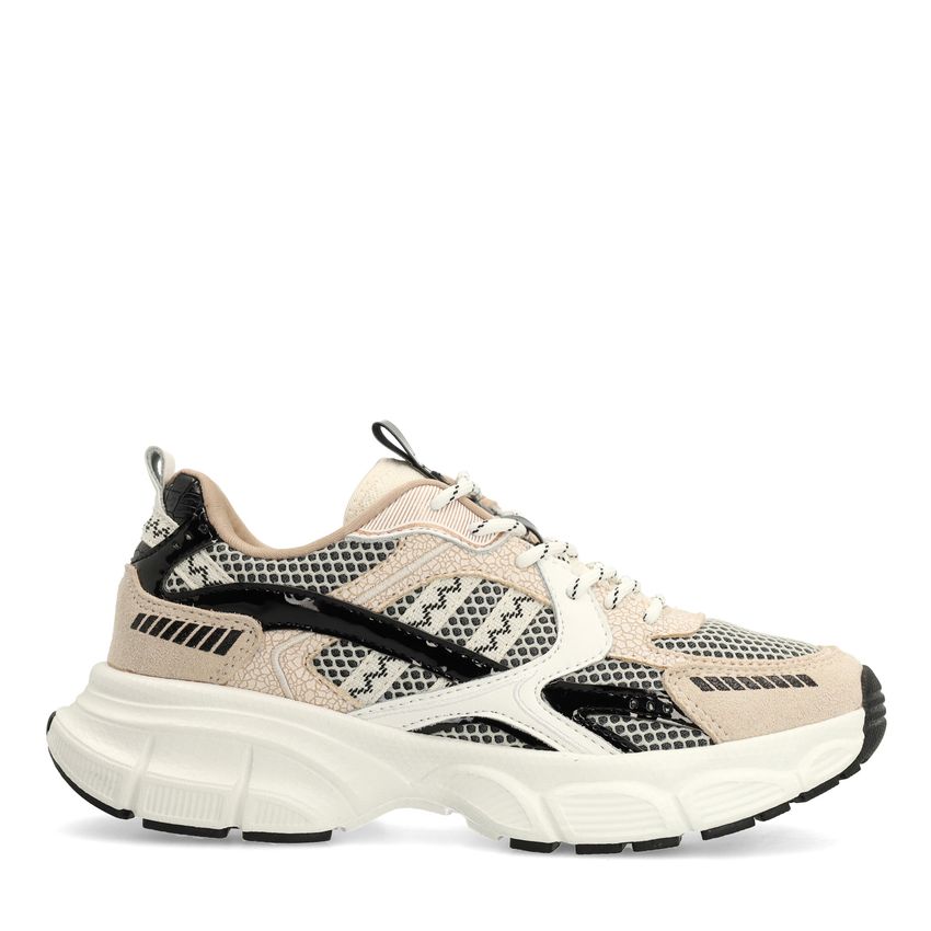 Manfield Beige sneakers met zwarte en witte mesh details