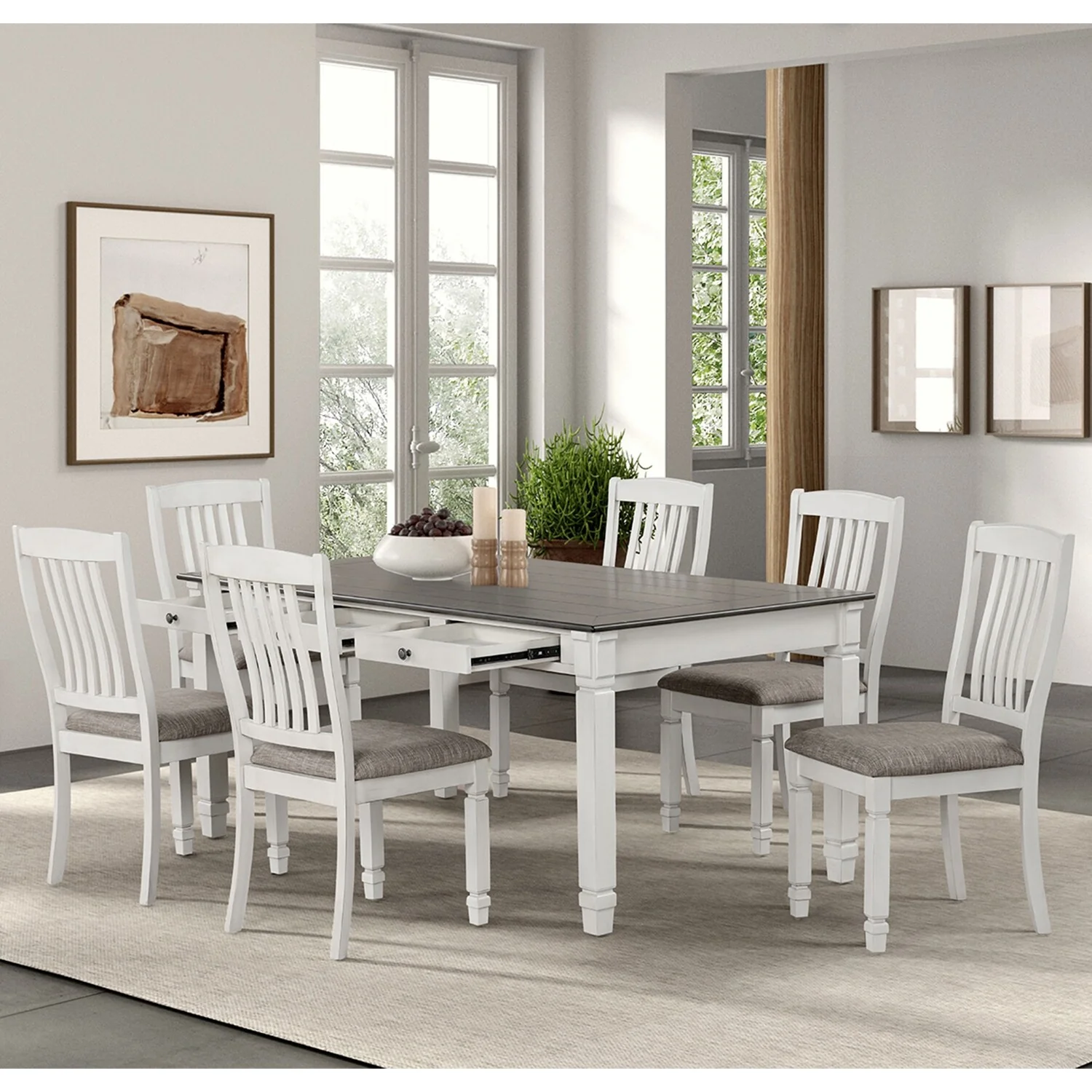 7 Piece Wooden Dining Set with Slat Backrest Chair in Rustic White
