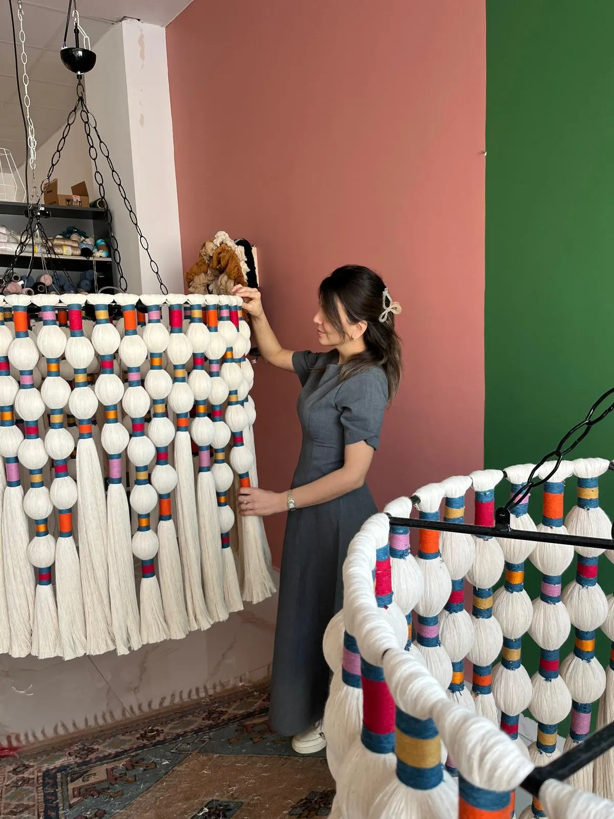 Staircase Chandelier for Stairwell, Beaded Cotton Tassel Ceiling Light, Boho Statement Lamp, Custom Sizes Available