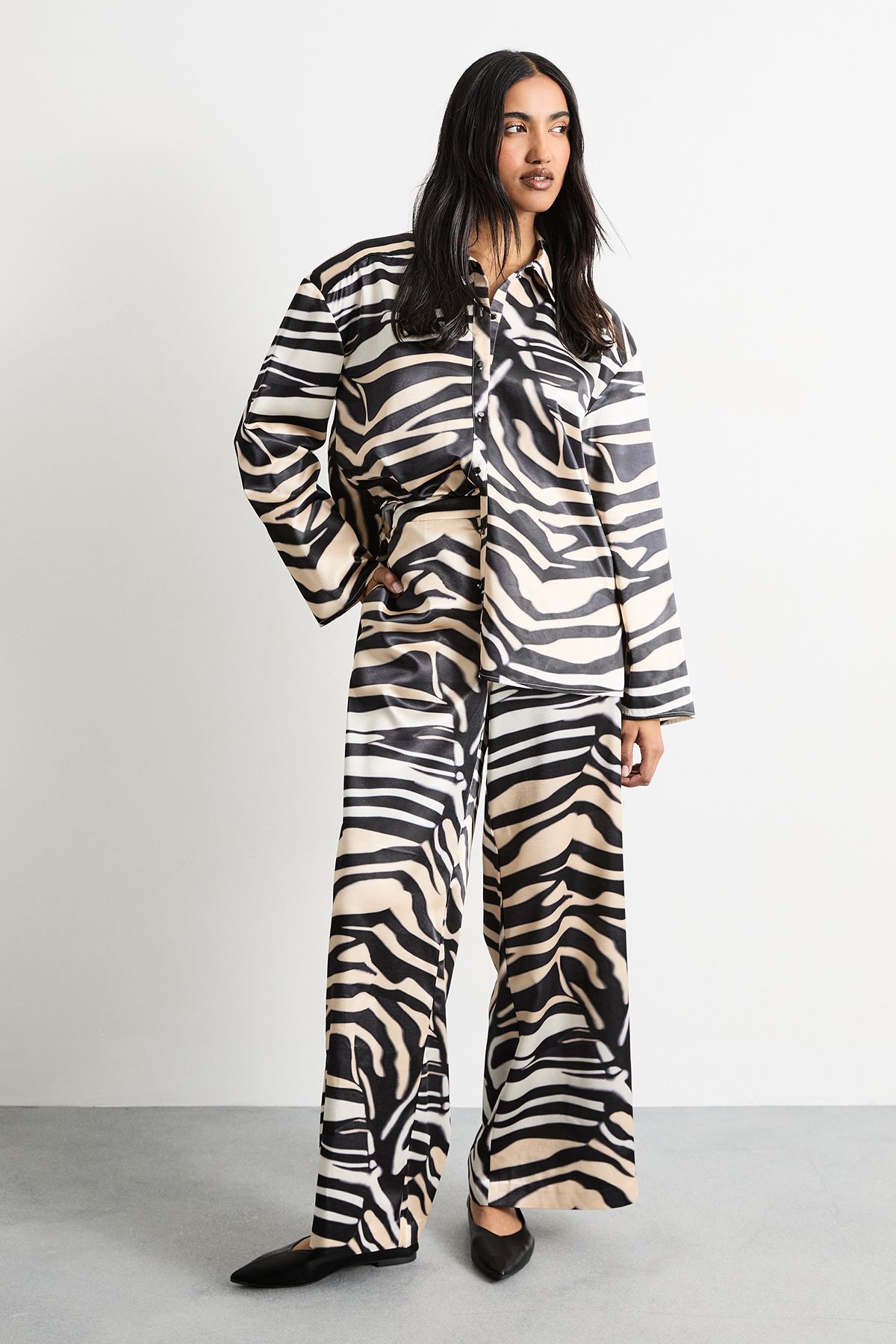 Warehouse Zebra Printed Oversized Satin Shirt