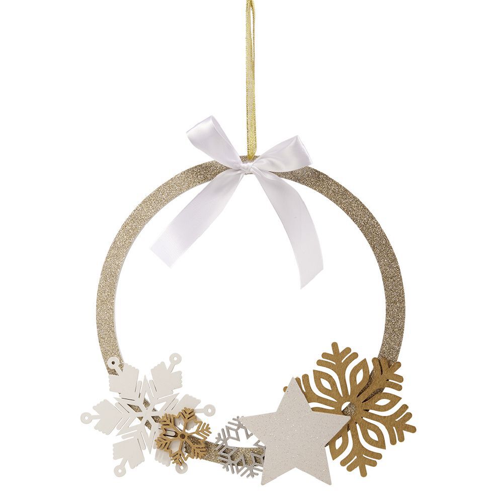 Couronne de No&euml;l en bois étoile flocon pailleté doré et blanc Ø28cm