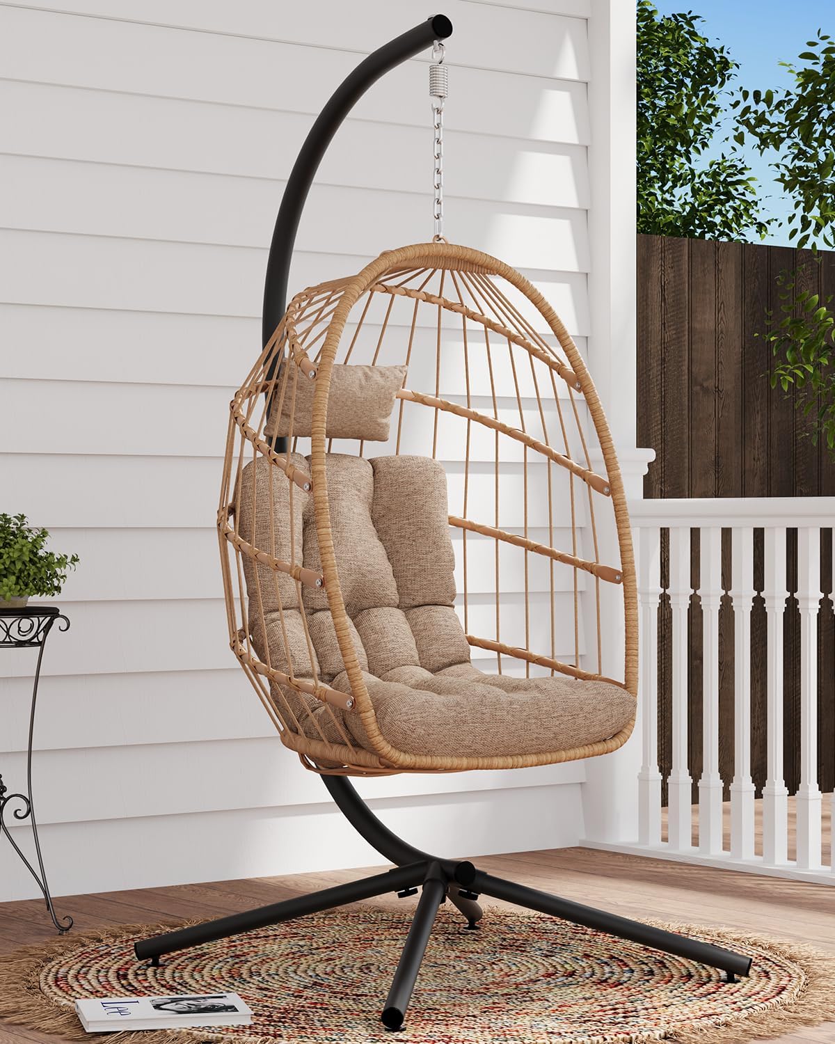 SWITTE Egg Chair Outdoor with Stand, Indoor Wicker Hanging Egg Swing Chair with Cushion, 350lbs Capacity for Patio, Bedroom, Garden - Cream