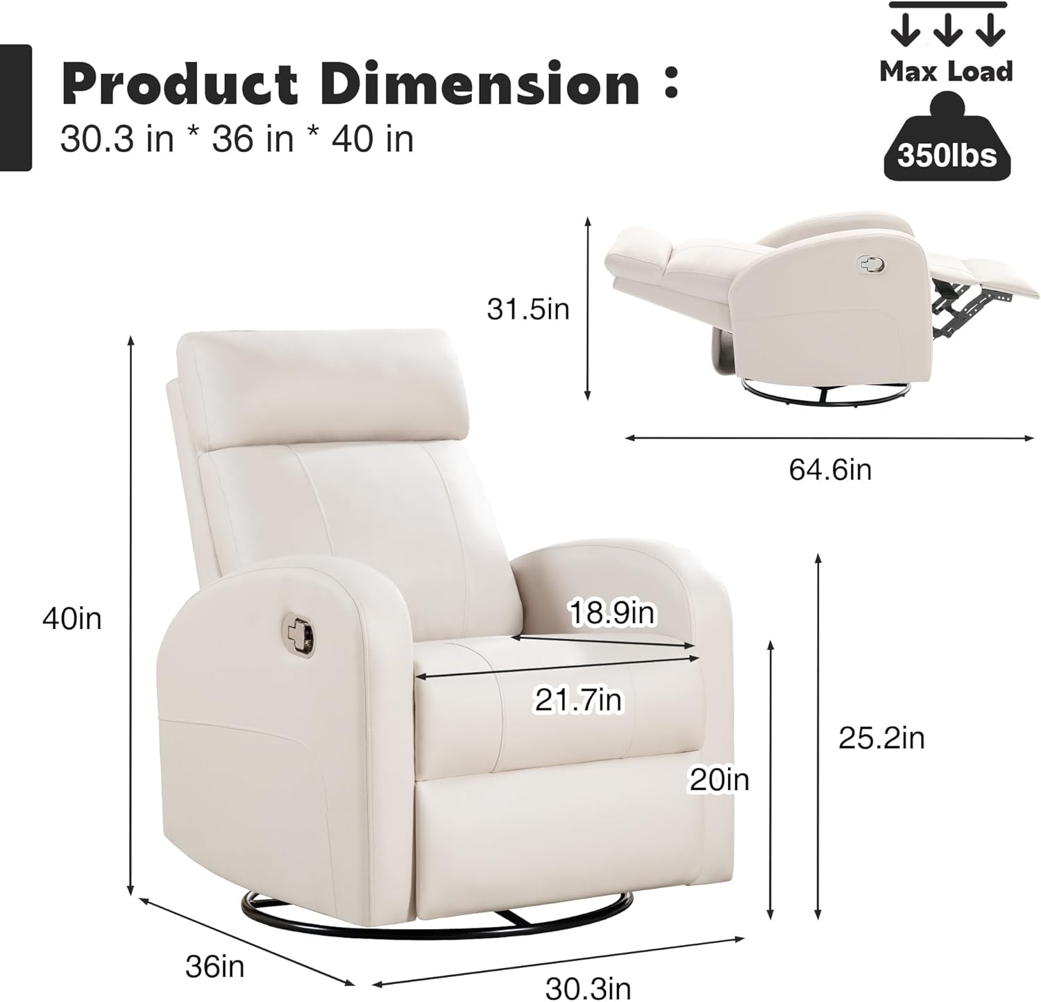 Swivel Rocker Recliner Chair, Manual Faux Leather Recliner, Glider Rocking Recliners 360°Swivel Nursery Reclining Chairs with Adjustable Headrest Highback for Living Room, Cream
