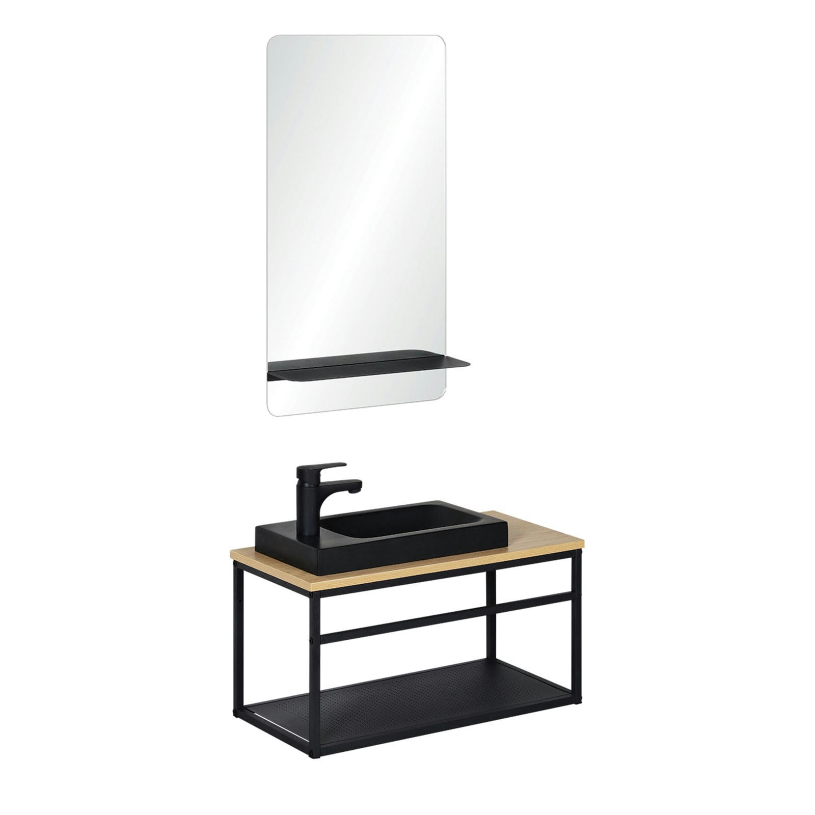 WILO - Meuble lave-mains  vasque noire + robinet noir + miroir