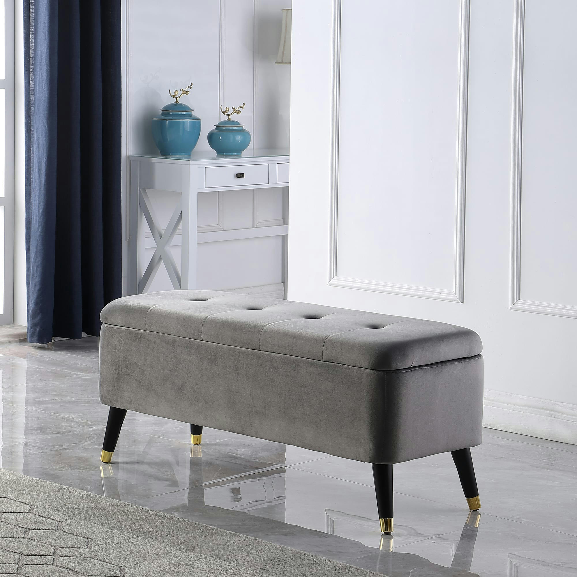 - Banc coffre de rangement 2 en 1 velours capitonné gris