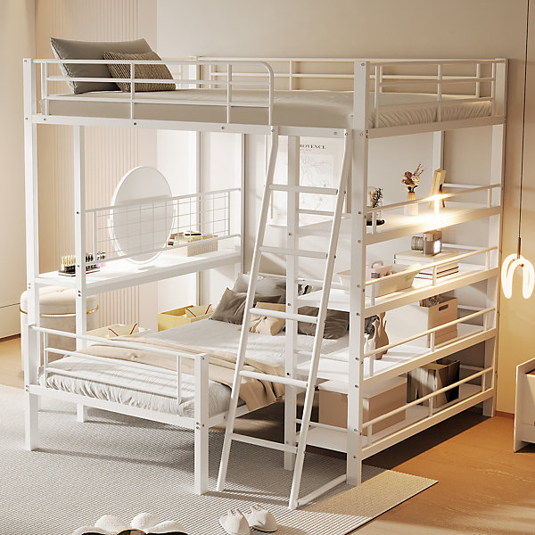 Lit mezzanine 140x200 cm - Lit double avec rangement multifonction, structure métal et MDF avec étagères - Sans matelas - Blanc