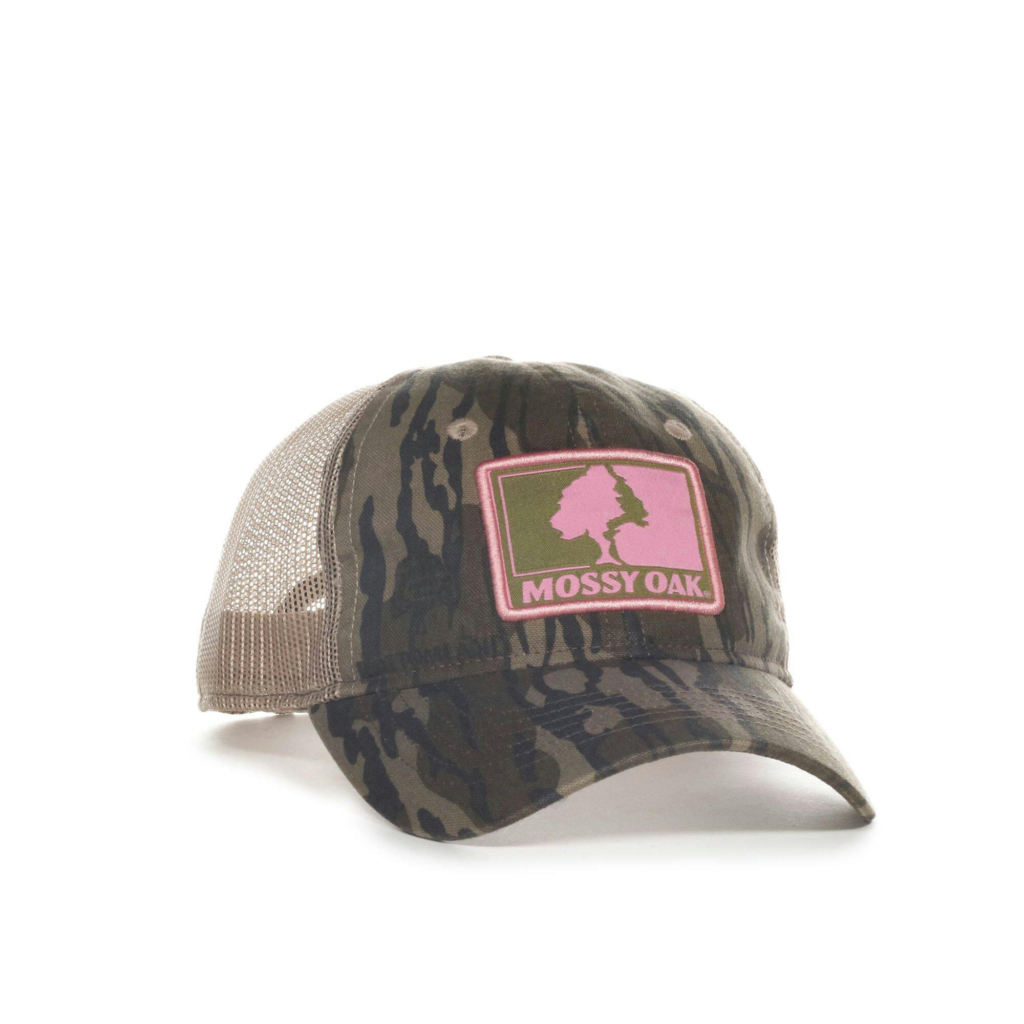 Mossy Oak Women's Bottomlands Pink Patch Tan Mesh Back Baseball Cap with Snap Closure, One Size