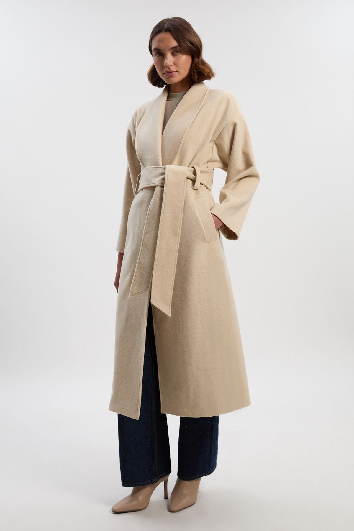 KarenMillen Brushed Wool Belted Wrap Tailored Maxi Coat