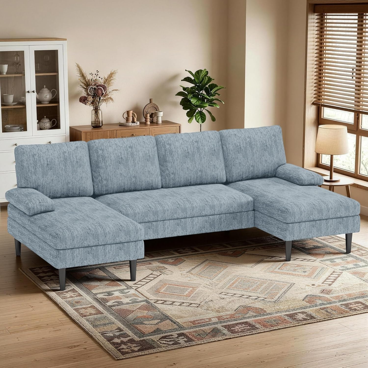 Korser U-Shaped Sectional Couches for Living Room, 101 Inch Modern Modular Sofa with Double Chaise Lounge, Comfy Chenille Fabric 4-Seat Couch Set for Apartment, Pewter