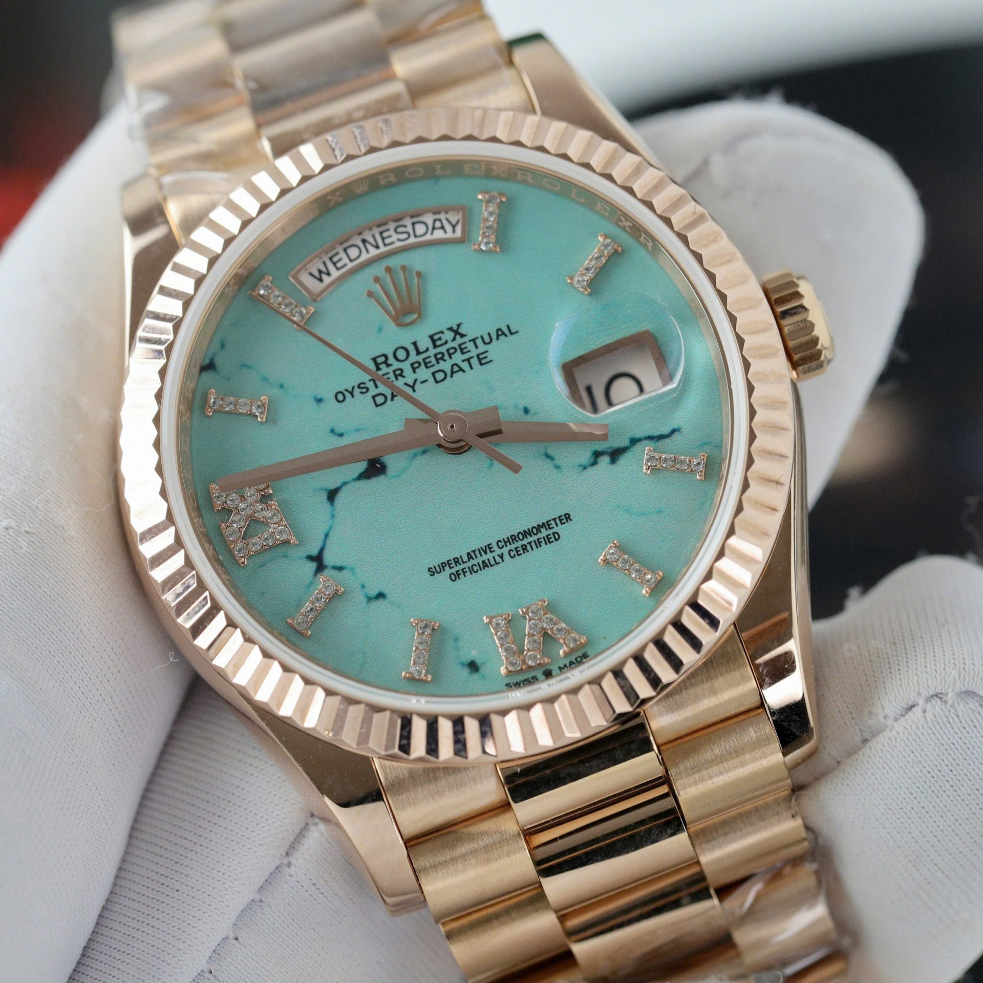 Rolex Day-Date 128238 RG Plated Turquoise Blue Dial CZ Diamonds 36mm Super Clone