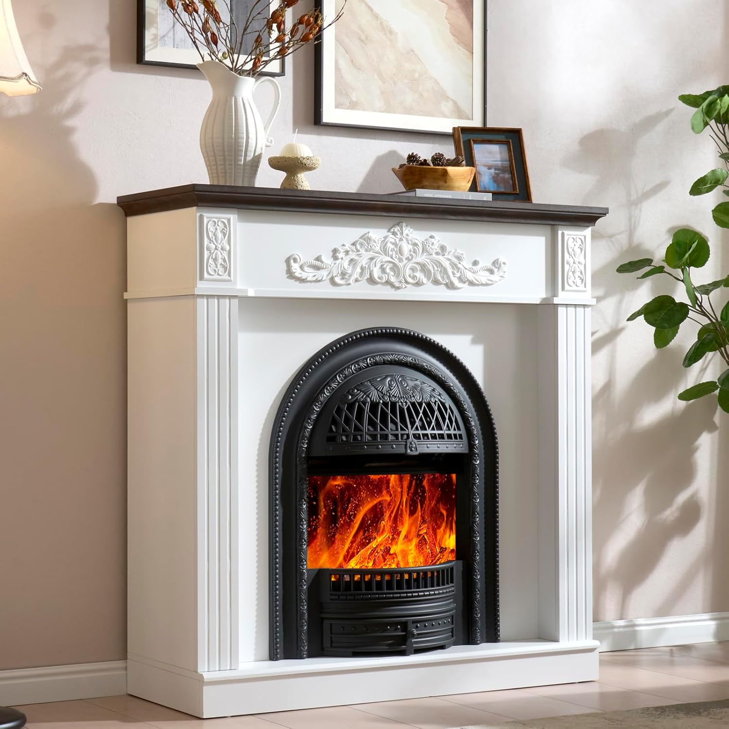 45 Birdcage-Style Electric Fireplace with Mantel, 46 Tall Fireplace TV Stand, Farmhouse Entertainment Center with Storage & Replaceable Insert Heater for Living Room, White+Walnut