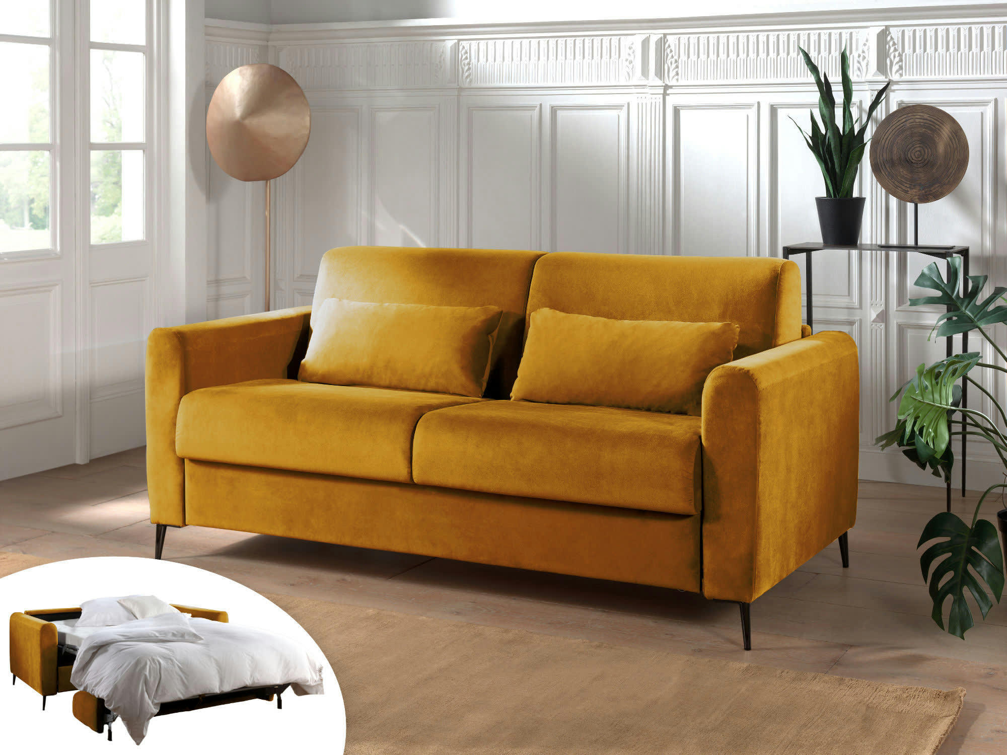 OWEN - Canapé droit convertible 3 places en velours jaune