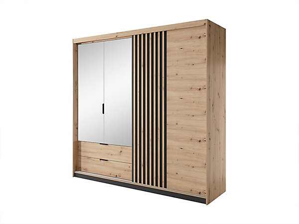 Armoire 3 portes et 2 tiroirs - Miroir et LEDs - L220 cm - Coloris : Naturel et noir - ARIADA