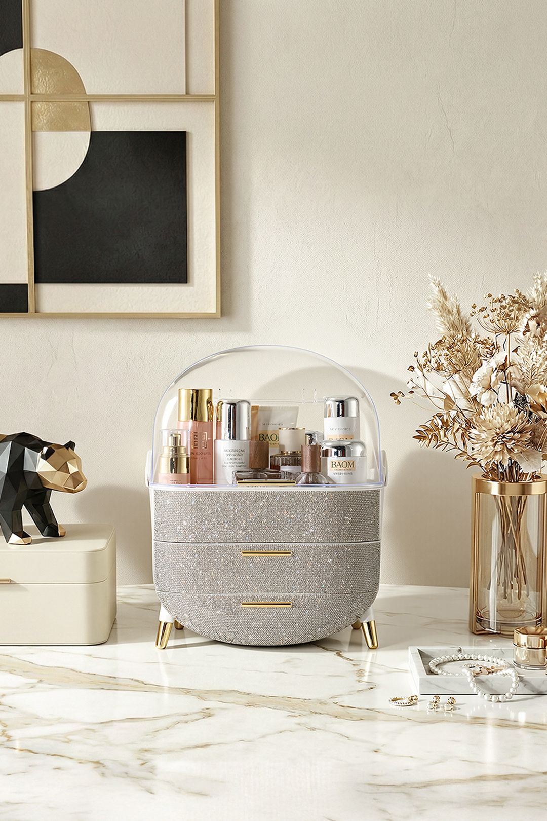 SHEONLY Countertop Portable Oval Makeup Storage Box with Transparent Cover