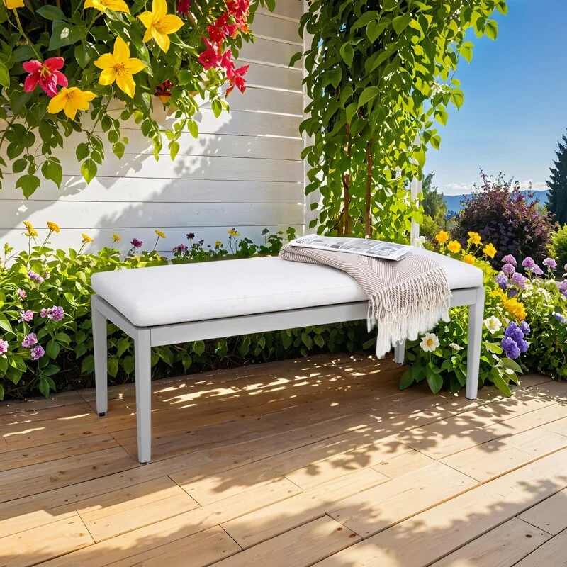 Outdoor Aluminum Patio Bench – Sunbrella® Cushioned Seat.