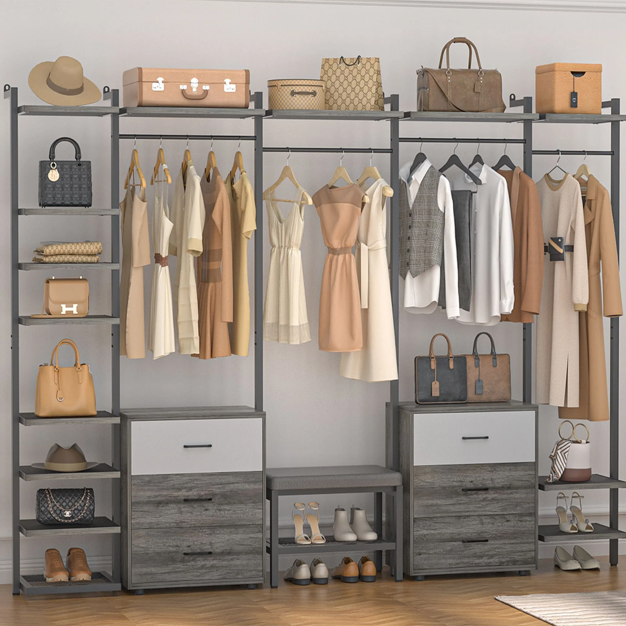 Walk in Closet System with 6 Closet Drawers, 96'' Multifunctional Clothes Rack Closet Organizer
