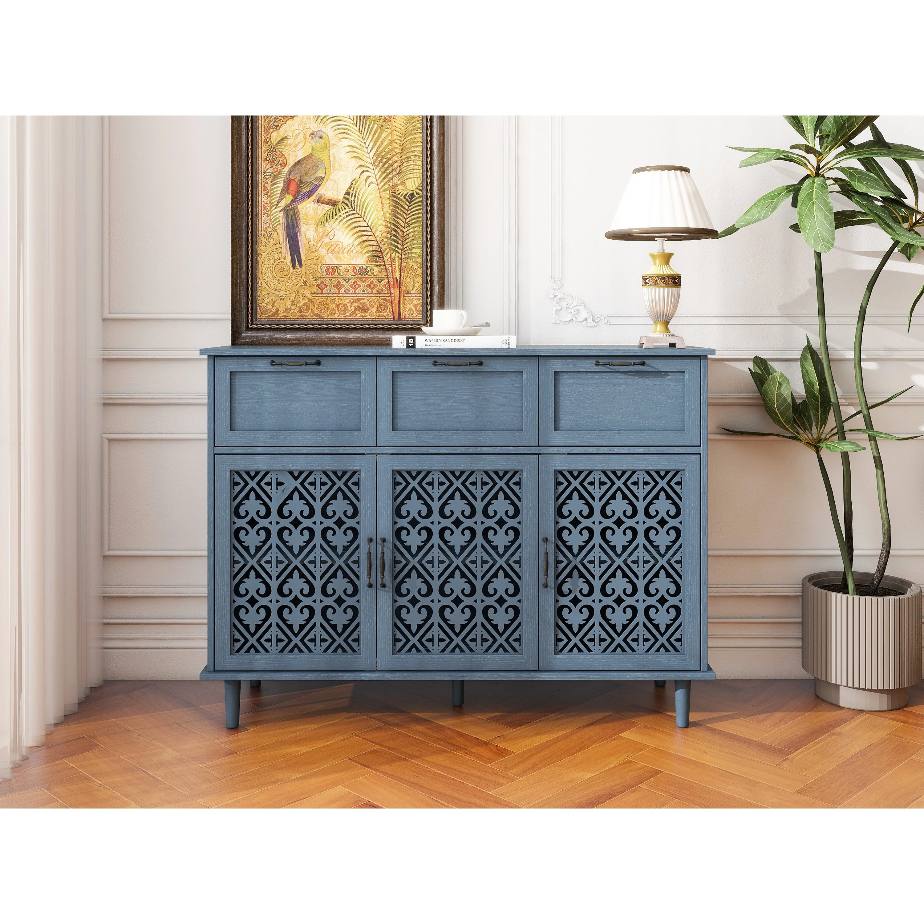 Retro Style 47.24 Horizontal Dresser with 3 Drawer and 3 Door, Carved Panel for Bedroom, Living Room