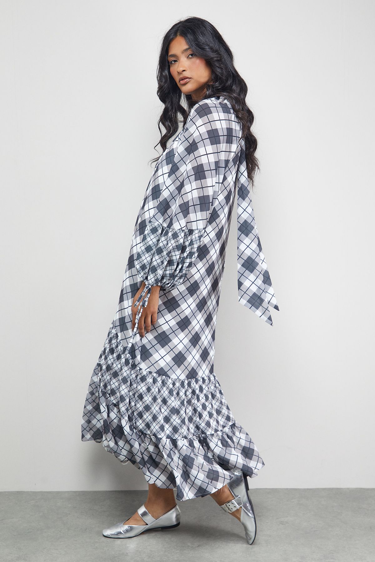 Warehouse Tony Chiffon High Neck Tier Smock Midi Dress