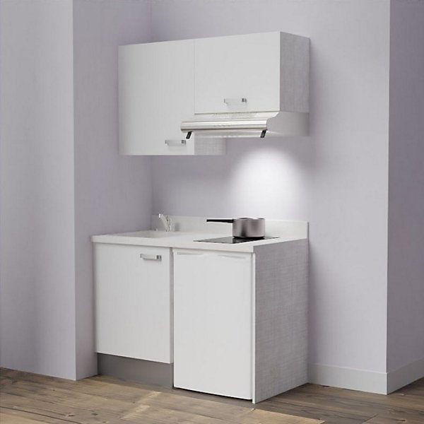 Kitchenette K01 - 120 cm - façades Blanc - Plan monobloc en quartz coloris Snova évier à gauche