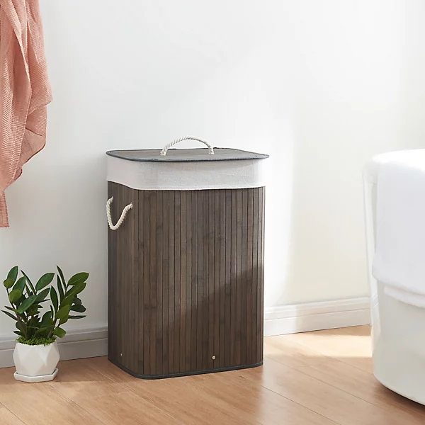 Panier à linge 72 litres Salla en bambou 60 x 40 x 30 cm marron foncé gris clair en.casa