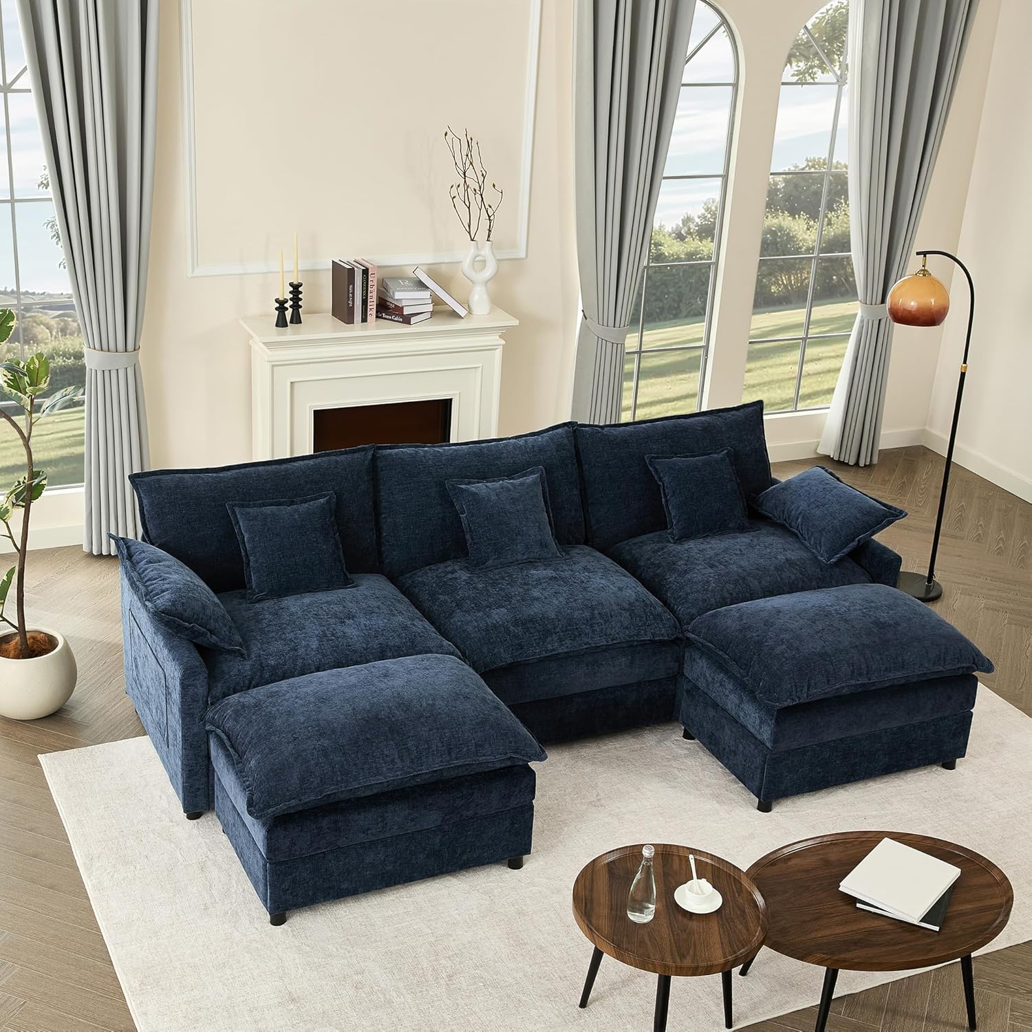 108 U Shaped Couch, Modular Sectional Sofa, 3-Seater Comfy Cloud Couch, Set of Modular Pieces with Movable Ottoman, Deep Seat Couches for Living Room, Chenille, Navy