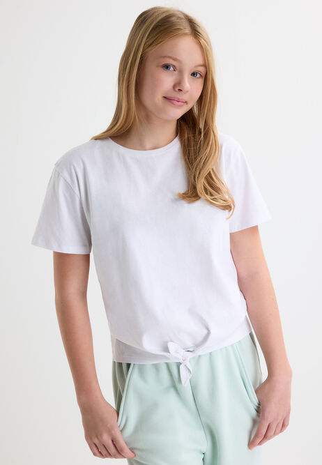Older Girls White Cotton Front Knot T-Shirt