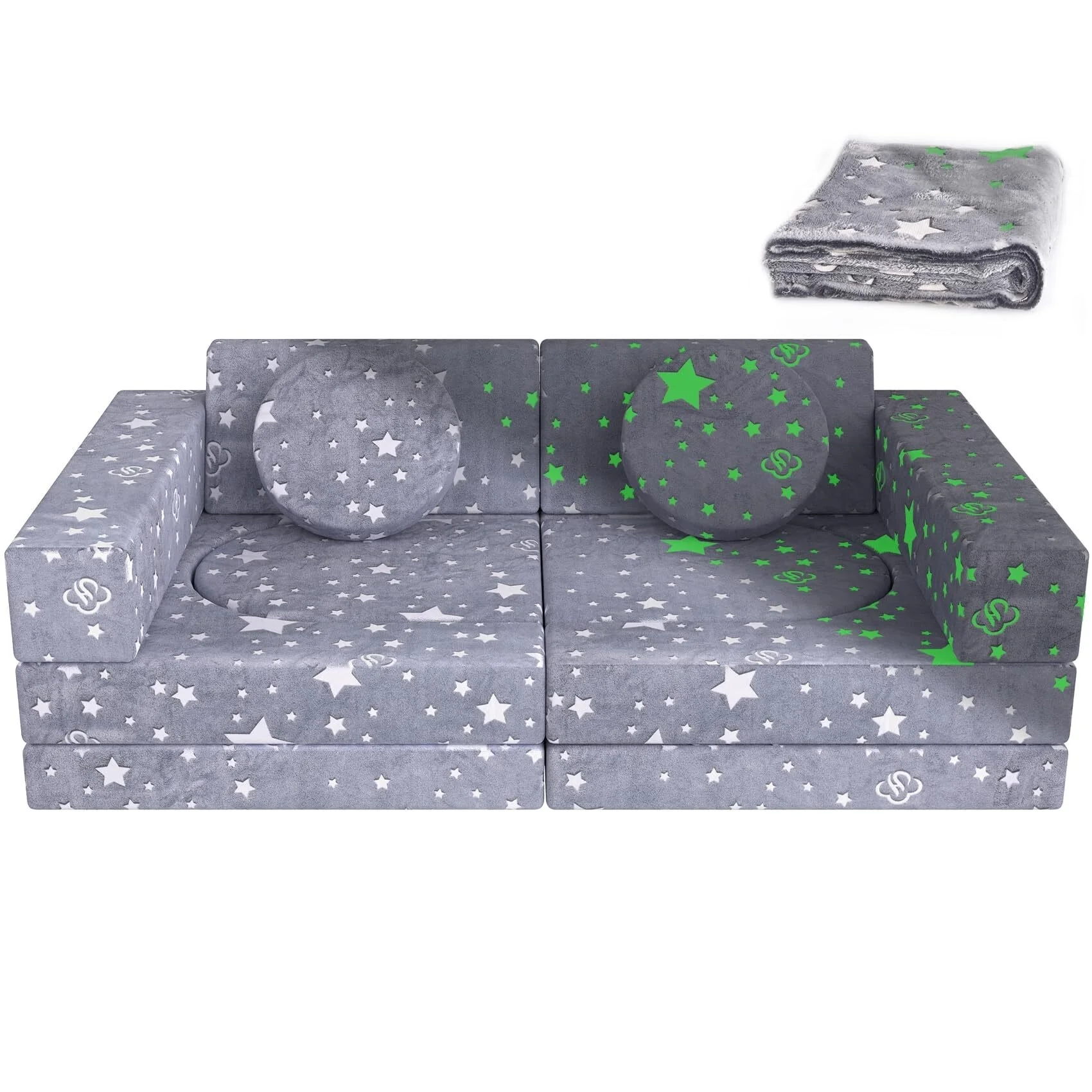 Kids Couch, 12PCS Toddler Couch with Blanket for Bedroom Playroom, Multifunctional Nugget Couch Kids Play Couch Sofa