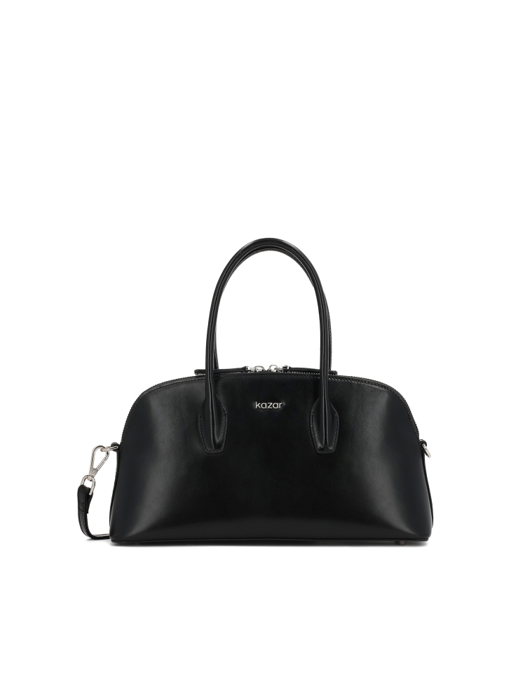 Black leather handbag with rigid construction