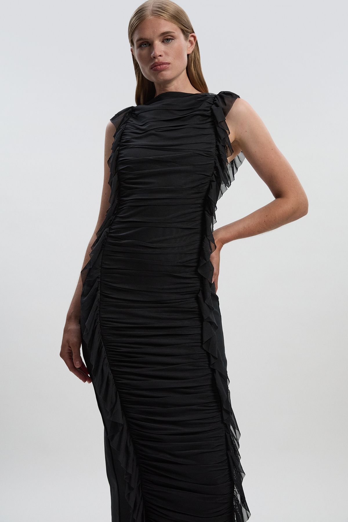 KarenMillen Bandage Mesh Gathered Ruffle Knitted Maxi Dress
