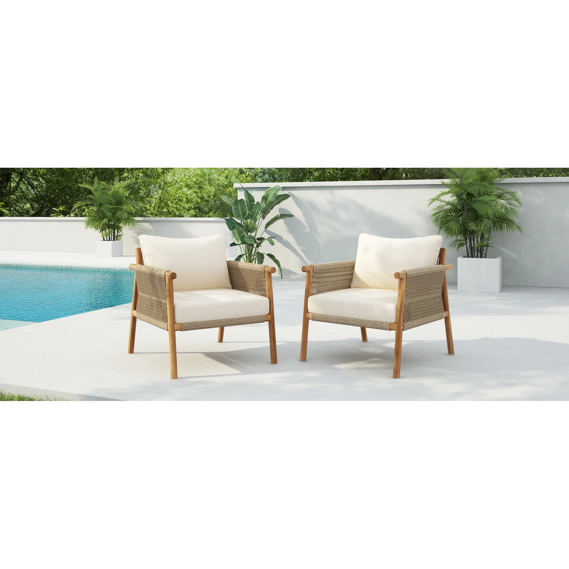 [Set Of 2] 28 Modern Outdoor Woven Lounge Chair With Solid Wood Frame And Comfortable Polyester Cushions (Excluding the table)
