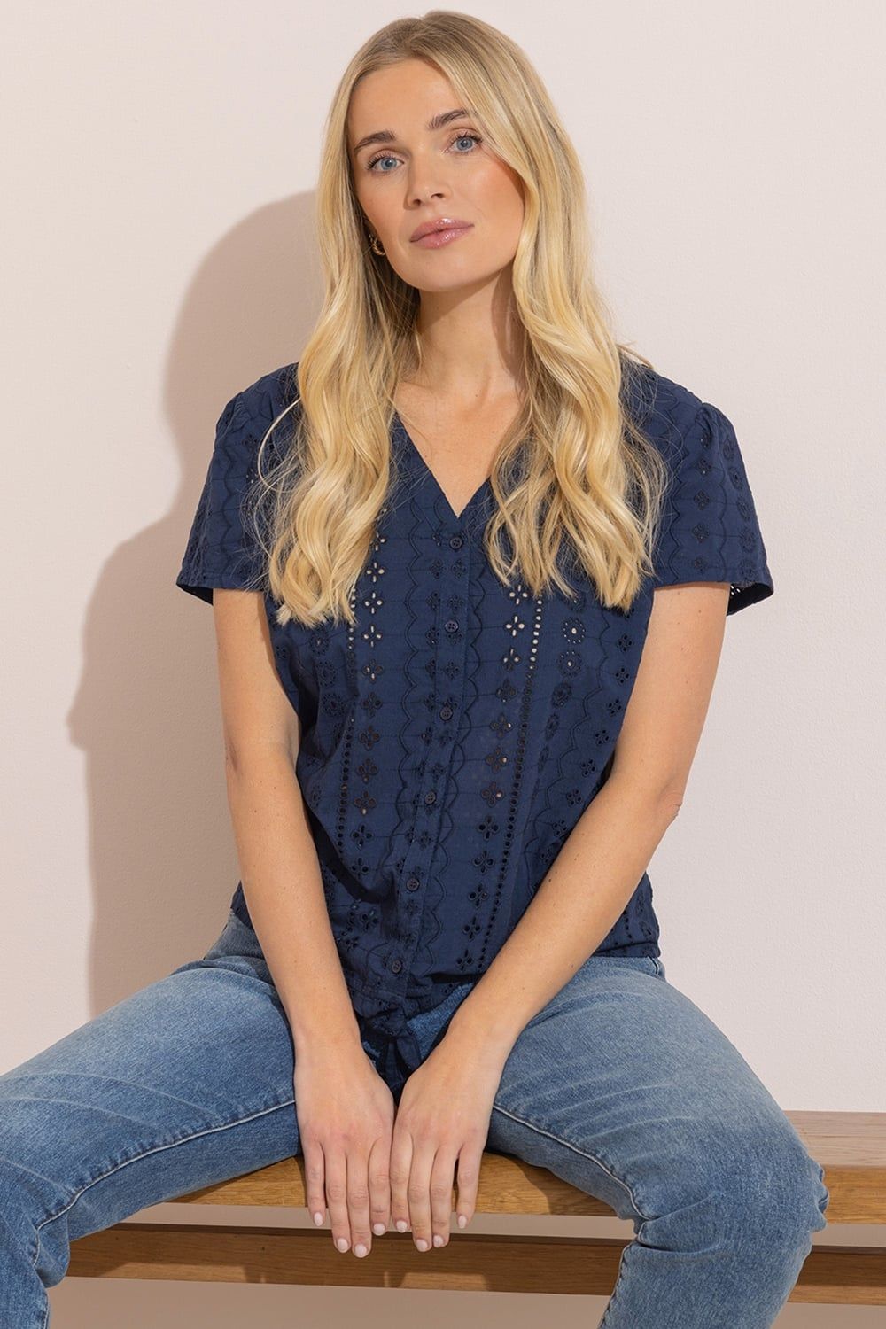 Klass. Schiffli Embroidered Tie Front Cotton Shirt