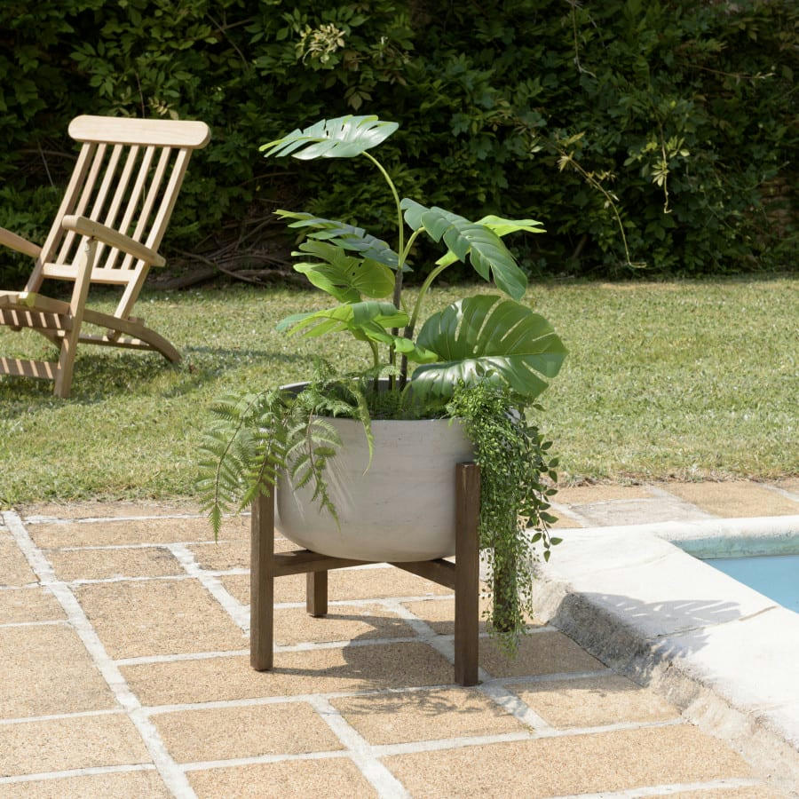 HANS - Pot de fleur rond en béton sur pieds en acacia marron