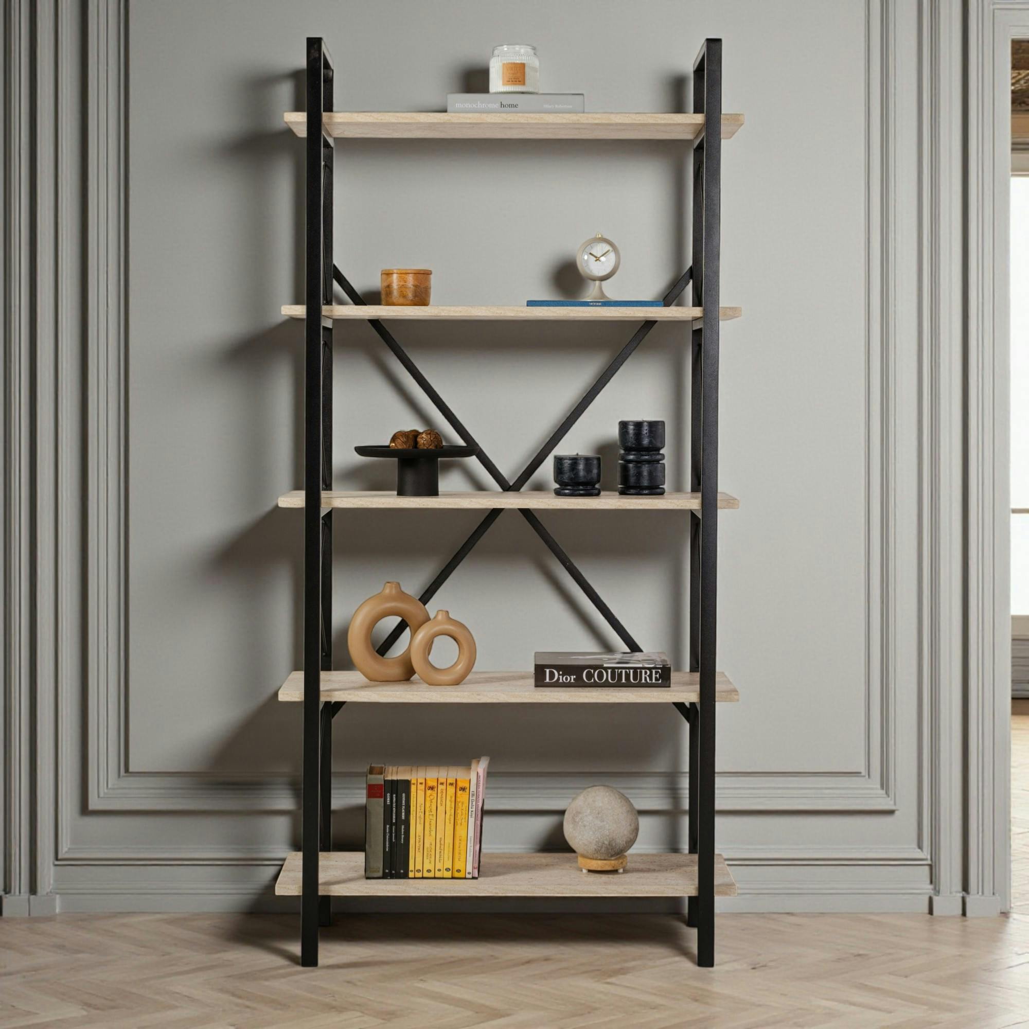 Bibliothèque étagère noire, 5 plateaux effet travertin JENA