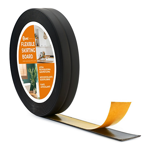 Moulure Souple Auto-Adhésive en PVC 10x10 mm, Plinthe Souple, Bande élastique pour Finitions et étanchéité des Jonctions, noir, 5