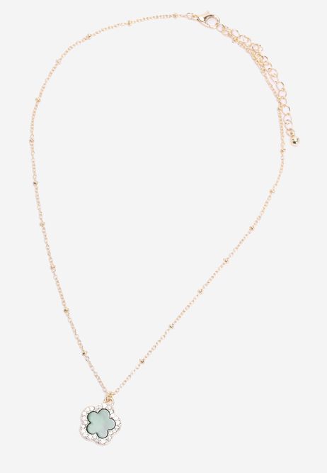Womens Gold & Green Flower Pave Necklace