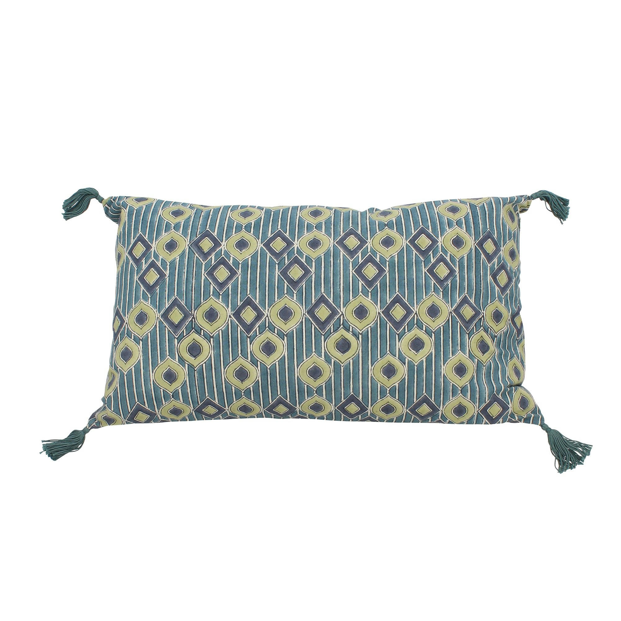 MAKA - Coussin en coton bleu avec pompons 30x50cm